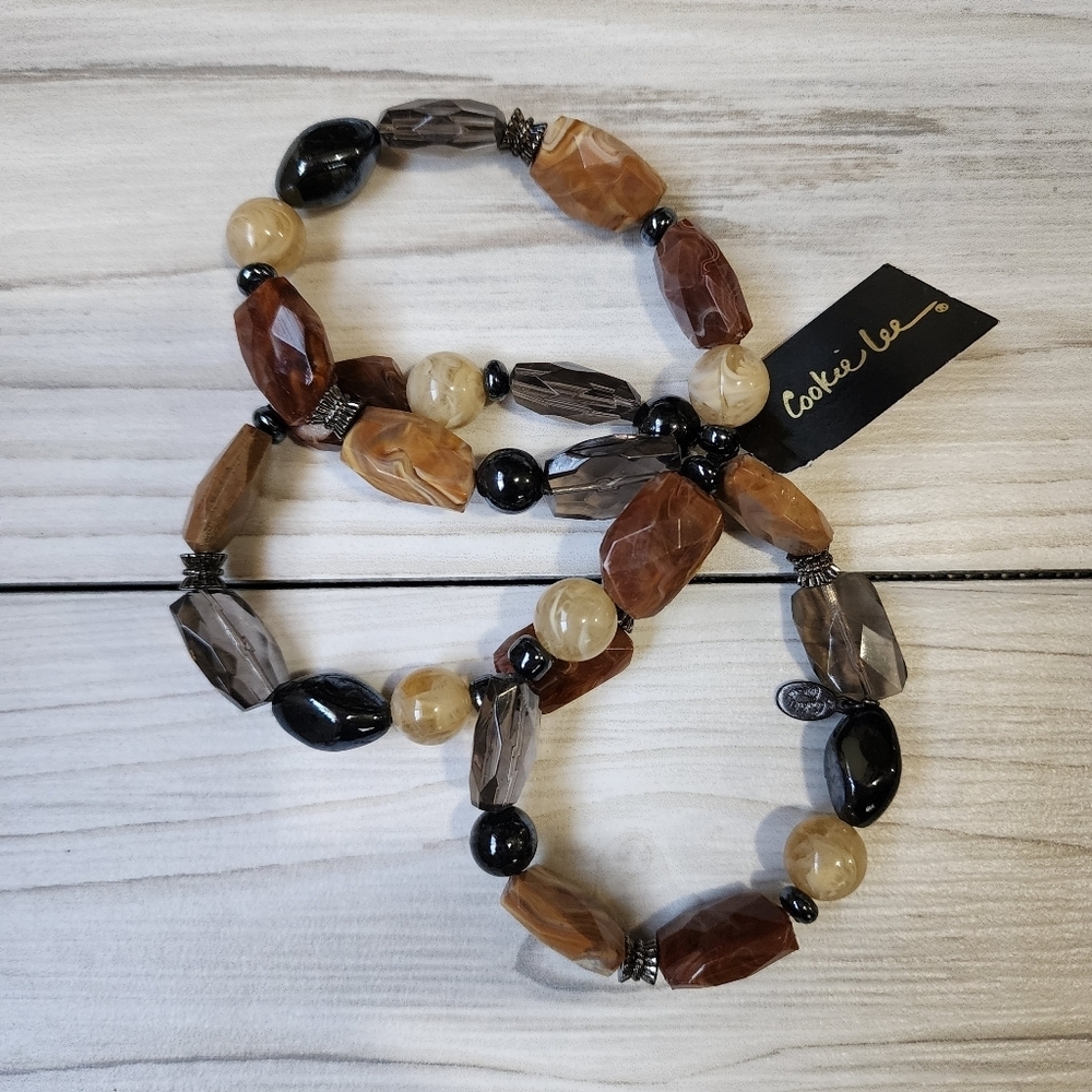 Cookie Lee elastic brown faux stone bracelets Set of 3 NWT
